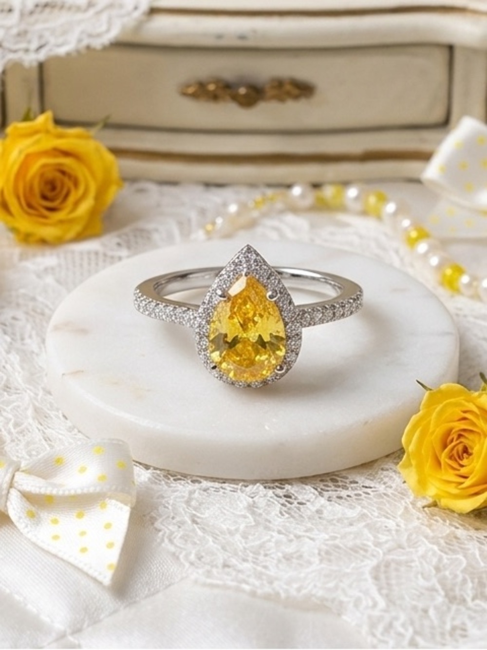Sparkling Citrine Yellow Pear Halo Ring | 925 Silver Soft Girl Coquette Feminine